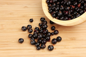 fresh blackcurrant in bowl on wooden surface