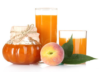 tasty jam, juice and peach isolated on white
