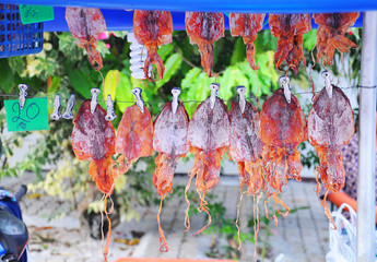 Drying squid for sale at a market