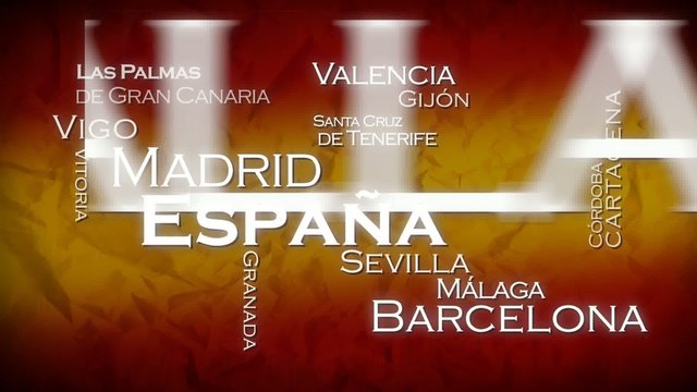 Ciudades de España nube de tags animación roja amarilla bandera