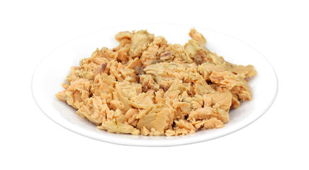 Canned pink salmon on white dish
