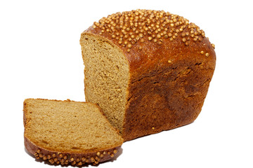Half of rye bread with anise and some slices isolated