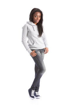 African american teenage girl in jeans and hoodie