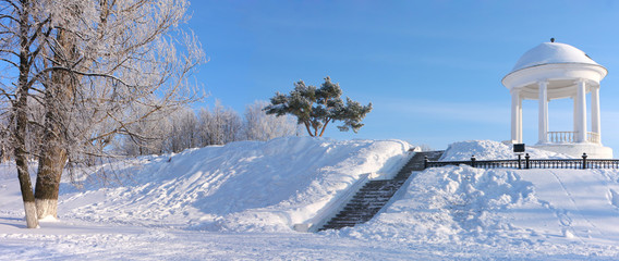 Pavilion of Ostrovsky, Kostroma city, Russia. Winter
