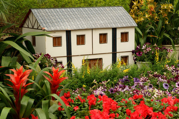 Fototapeta na wymiar Flowerbed with house model