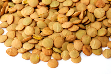 Brown lentils scattered on white background