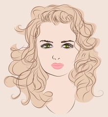 sketch of a beautiful young girl with long wavy hair