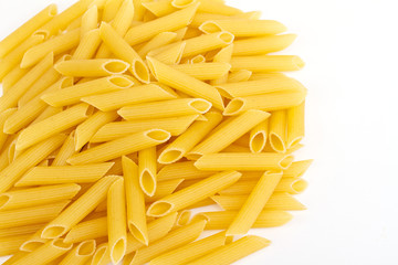 close up of a dried italian pasta on white background