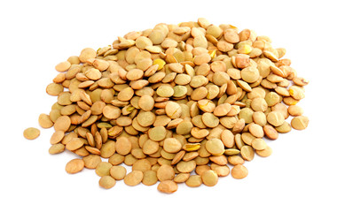 Brown lentils scattered on white background