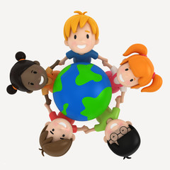 3D Render of Kids and Earth