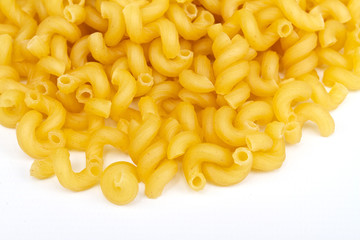 close up of a dried italian pasta on white background