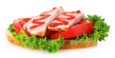 tasty sandwich with vegetables and ham isolated on white