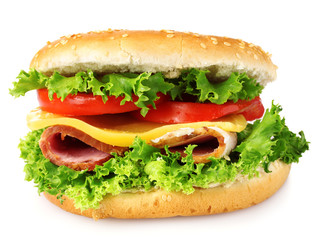 tasty hamburger with vegetables and ham isolated on white