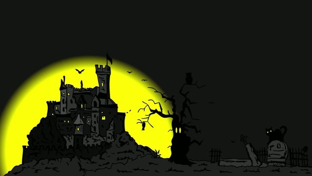 Halloween theme with Castle,cat,owl and flying bats