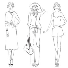 Girls with different garment. Fashion designer sketch.