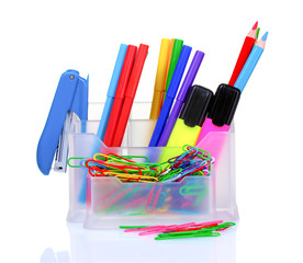 pencils and pens in holder and the line isolated on white