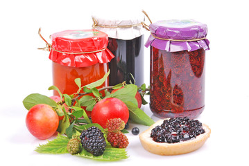 Homemade strawberry jam, plum, blackberry