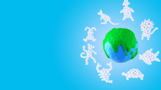 Blue background with Earth (clouds in the shape of animals)
