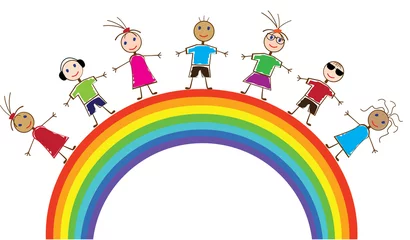 Fotobehang Kleuterschool vector grappige mensen en regenboog