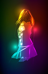 Hand-drawn fashion model from a neon. Vector illustration. A lig