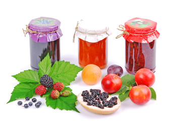 Homemade strawberry jam, plum, blackberry