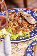 Uzbek national dish - plov with horse meat