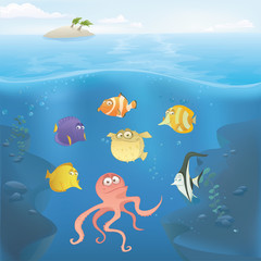 Vector illustration sous-marine océan avec jeu de poissons tropicaux