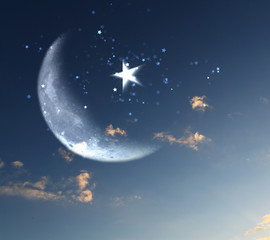 Obraz na płótnie Canvas muslim star and moon on blue sky