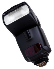 Photo of the camera flashgun isolated on the white background