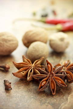 Collection of spices - star anise, nutmeg, clove, chili pepper