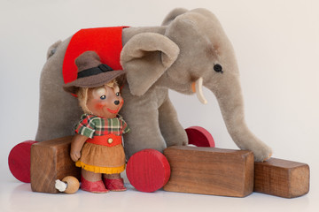 Old toys - German, mohair, blocks, troll, elephant.