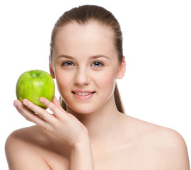 woman eat green apple