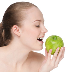 woman eat green apple