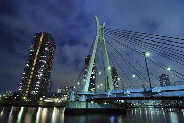 Fototapeta na wymiar night suspension bridge
