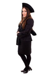 Full body of a graduating student girl in an academic gown. Isol