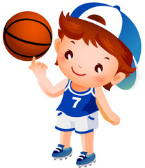 Boy spinning basketball on finger