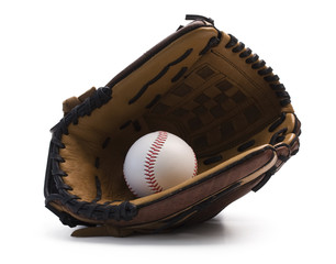 Closeup of baseball glove holding baseball on white