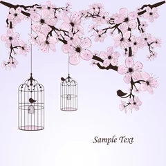 Papier Peint photo Oiseaux en cages fond floral vintage avec des oiseaux et des cages