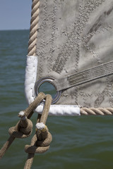 Fototapeta premium Detail of the sail of a Tjalk, a traditional Dutch sailing ship