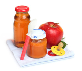 baby food, juice and fruits isolated on white