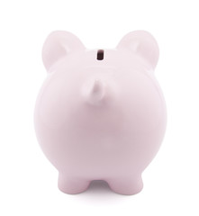 Back view of pink piggy bank with clipping path