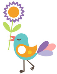 Cute colorful bird holding a big flower
