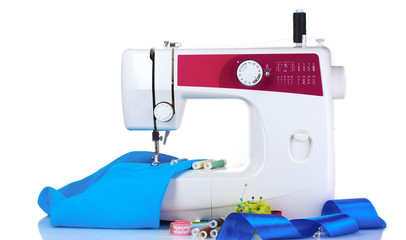sewing machine and fabric isolated on white