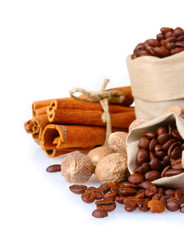 cinnamon, coffee and nutmeg isolated on white