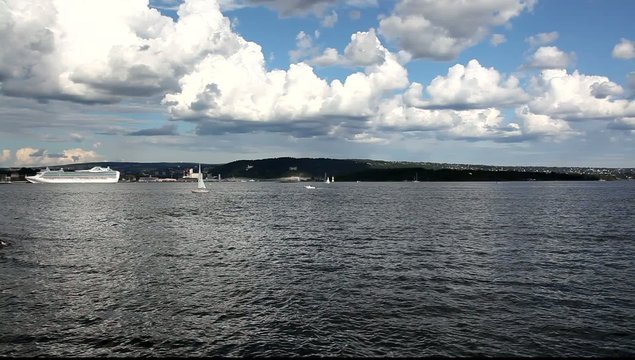 View to Oslo and Oslo fjord with cruiser Full HD