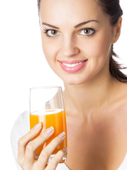 Portrait of happy woman with glass of orange juice, isolated