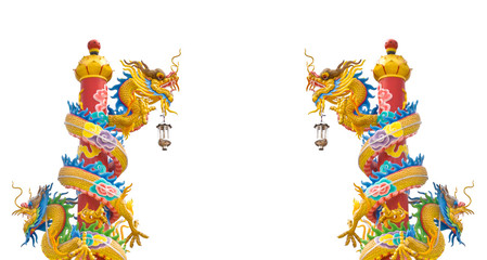 twin dragon pillar statues on white background