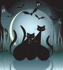 Halloween cats, bats and ghosts by moonlight