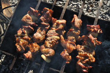 Fried meat on the grill with onions on skewers, barbecue