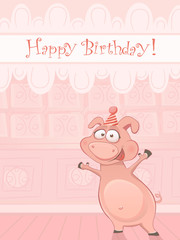 Vector birthday card with dancing pig. Text easy removable